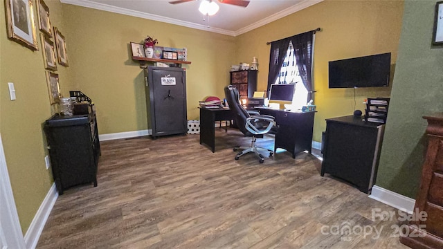 5562 Jenkins Rd, Morganton, NC 28655 - home office with crown molding, wood finished floors, baseboards, and ceiling fan
