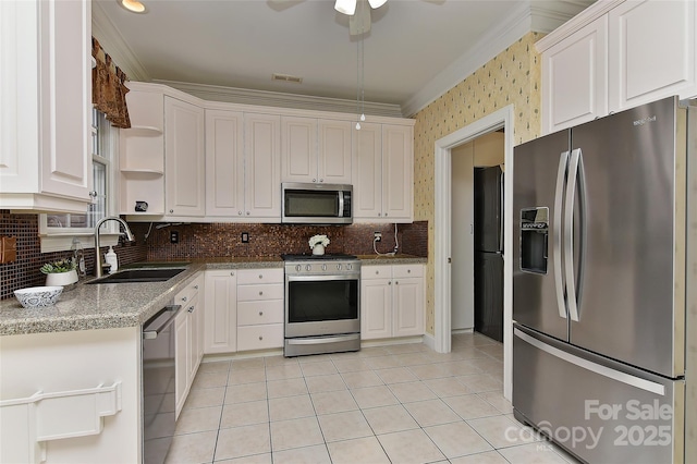 1142 Ardwyck Pl Unit 5, Rock Hill, SC 29730 - kitchen with stainless steel appliances, open shelves, a sink, crown molding, and white cabinets