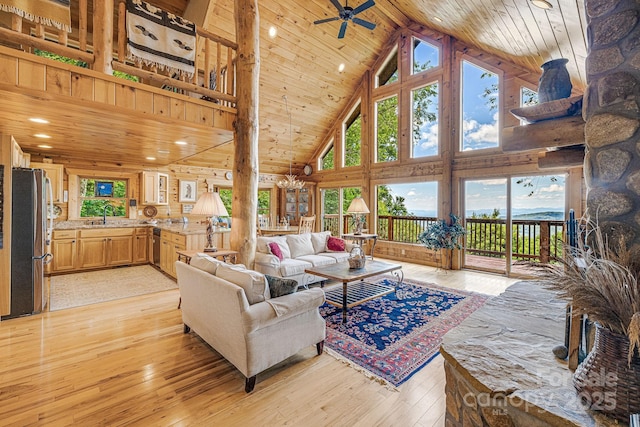 living room featuring light wood-type flooring, a ceiling fan, wood ceiling, and high vaulted ceiling