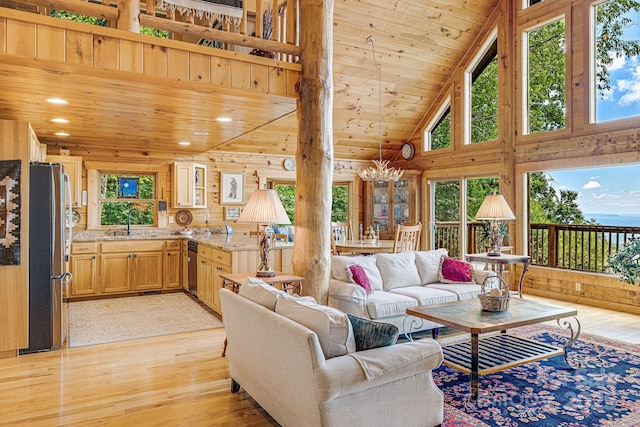 living room with wood ceiling, high vaulted ceiling, a wealth of natural light, and light wood-style flooring