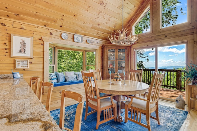 dining space with an inviting chandelier, high vaulted ceiling, wood walls, wood ceiling, and hardwood / wood-style flooring