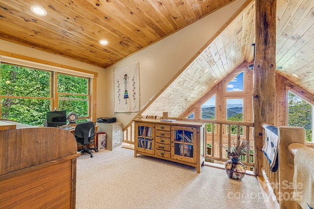 carpeted home office featuring recessed lighting, vaulted ceiling, and wooden ceiling