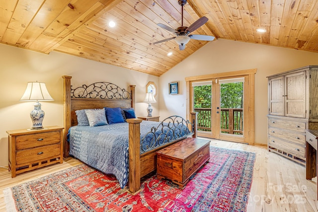 bedroom featuring light wood-type flooring, wood ceiling, vaulted ceiling, and access to exterior