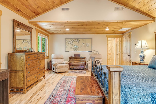 bedroom with visible vents, recessed lighting, wood ceiling, and light wood-type flooring