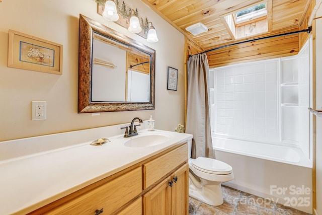 bathroom with vanity, shower / bath combination with curtain, toilet, wooden ceiling, and a skylight