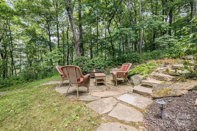view of yard with a patio and an outdoor fire pit