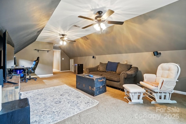 carpeted living area featuring baseboards, a ceiling fan, lofted ceiling, and visible vents