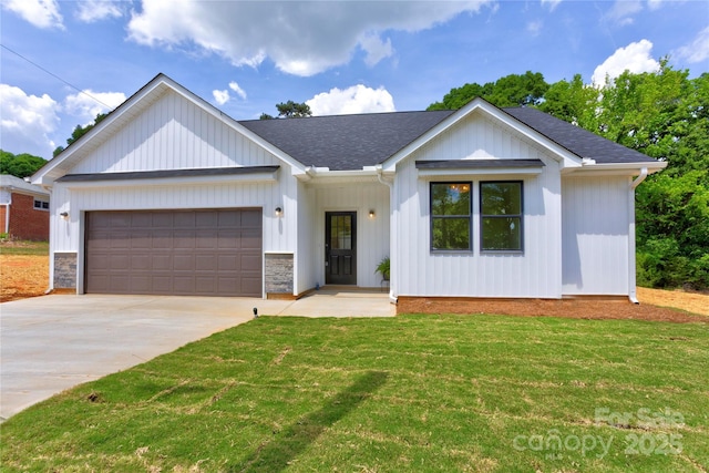 3300 Travis Ln NW, Concord, NC 28027 - modern inspired farmhouse with a garage, a shingled roof, concrete driveway, and a front lawn