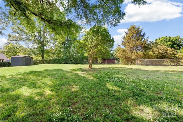view of yard with an outbuilding, a fenced backyard, and a storage unit