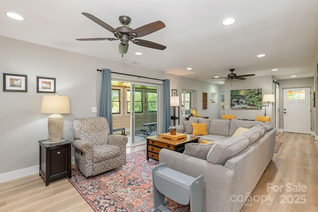 4329 Island Ford Rd, Brevard, NC 28712 - living area with a ceiling fan, light wood-style floors, baseboards, recessed lighting, and healthy amount of natural light