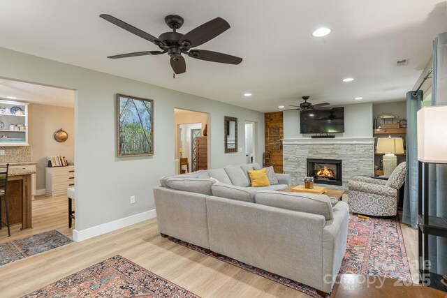 4329 Island Ford Rd, Brevard, NC 28712 - living room with a ceiling fan, light wood-style floors, baseboards, a fireplace, and recessed lighting