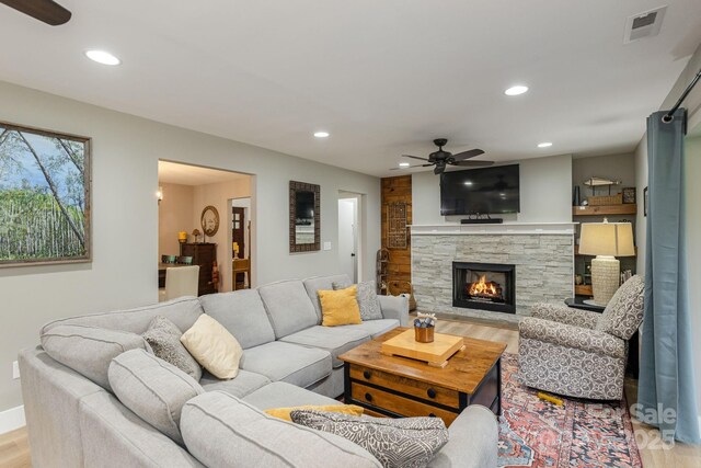 4329 Island Ford Rd, Brevard, NC 28712 - living area with ceiling fan, light wood-style floors, recessed lighting, a fireplace, and baseboards