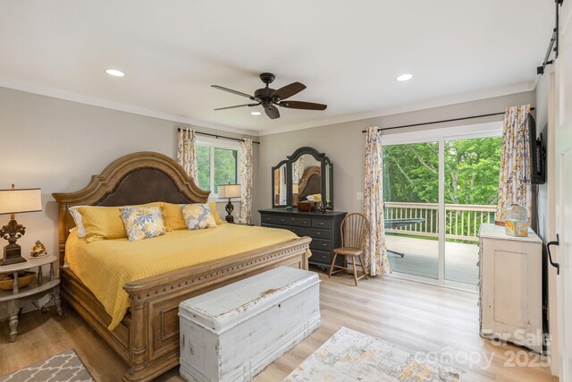 4329 Island Ford Rd, Brevard, NC 28712 - bedroom with access to exterior, light wood-style flooring, ornamental molding, recessed lighting, and a ceiling fan