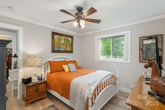 4329 Island Ford Rd, Brevard, NC 28712 - bedroom featuring light wood finished floors, crown molding, baseboards, and ceiling fan