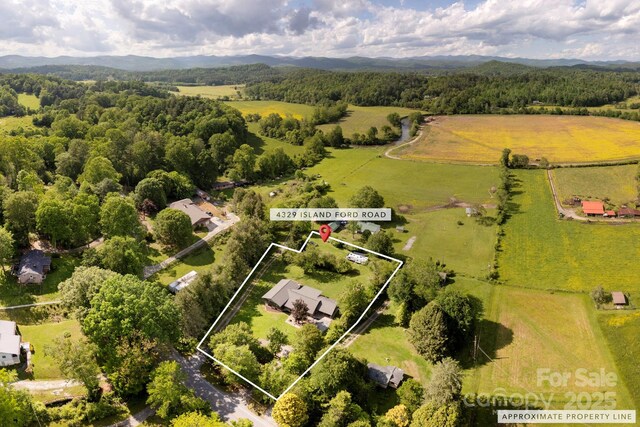 4329 Island Ford Rd, Brevard, NC 28712 - overview of rural landscape featuring property parcel outlined, a mountainous background, and a heavily wooded area