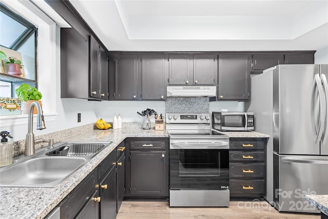 9214 N Vicksburg Park Ct, Charlotte, NC 28210 - kitchen featuring appliances with stainless steel finishes, a sink, light countertops, light wood-style flooring, and under cabinet range hood