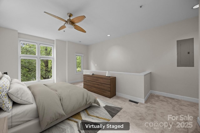 625 N Alexander St, Charlotte, NC 28202 - bedroom with electric panel, baseboards, carpet, and ceiling fan