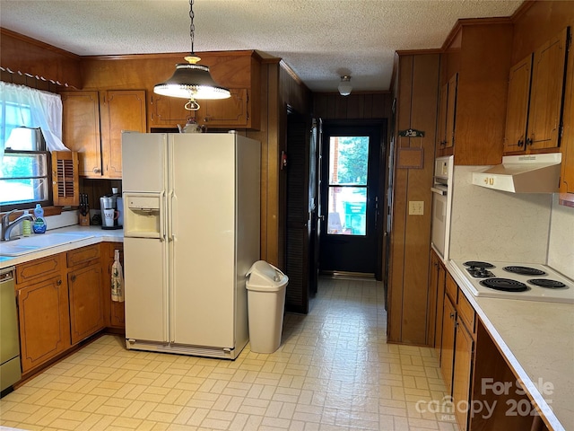 kitchen featuring under cabinet range hood, brown cabinetry, white appliances, a sink, and light countertops