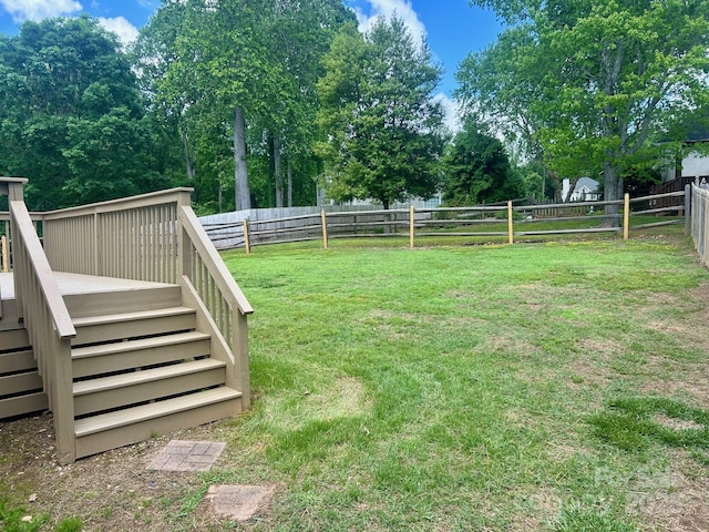 3776 Kennedy Rd, Gastonia, NC 28056 - view of yard featuring stairs, a wooden deck, and a fenced backyard