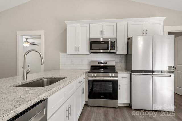 438 Forest Lake Rd, Forest City, NC 28043 - kitchen with appliances with stainless steel finishes, light wood finished floors, a sink, and lofted ceiling