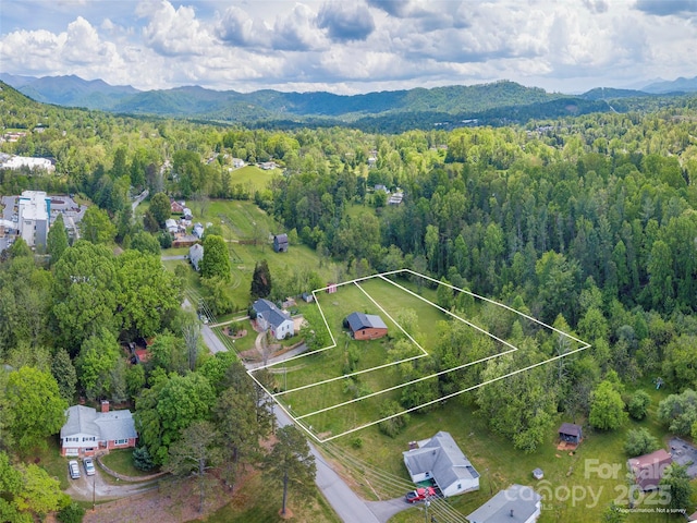 64 Alexander Rd, Weaverville, NC 28787 - aerial view of property's location with mountains, property parcel outlined, and a heavily wooded area