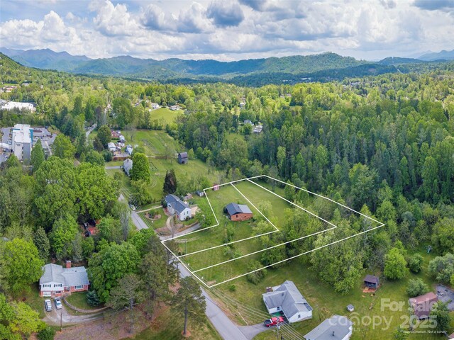 64 Alexander Rd, Weaverville, NC 28787 - aerial view of property's location with mountains, property parcel outlined, and a heavily wooded area