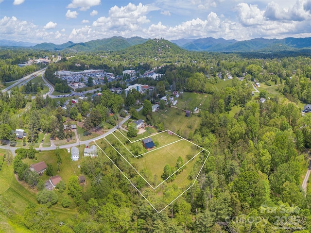 64 Alexander Rd, Weaverville, NC 28787 - aerial view of property and surrounding area featuring property parcel outlined, a mountainous background, and a heavily wooded area