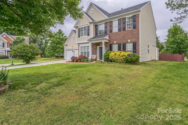 view of front facade featuring a garage, fence, a front lawn, brick siding, and driveway