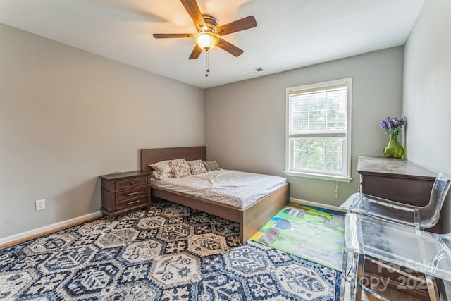 bedroom featuring baseboards, visible vents, and a ceiling fan