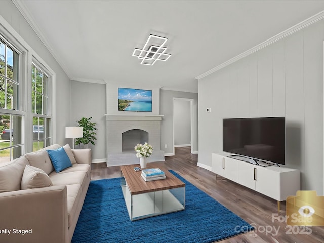 2544 Cedarwild Rd, Charlotte, NC 28212 - living room featuring a brick fireplace, baseboards, ornamental molding, and wood finished floors