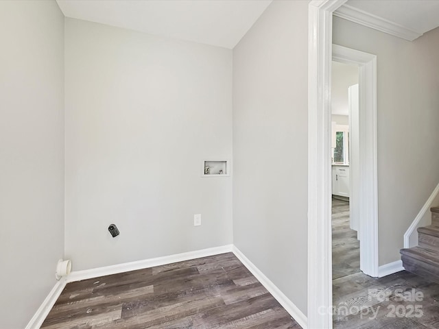 2544 Cedarwild Rd, Charlotte, NC 28212 - laundry area with crown molding, laundry area, hookup for a washing machine, baseboards, and dark wood-type flooring