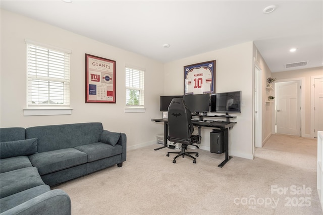 carpeted office featuring baseboards, recessed lighting, and visible vents