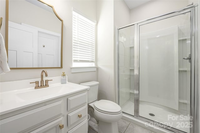 full bath with vanity, toilet, and a stall shower