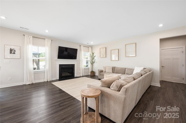 living area featuring plenty of natural light, dark wood finished floors, and baseboards