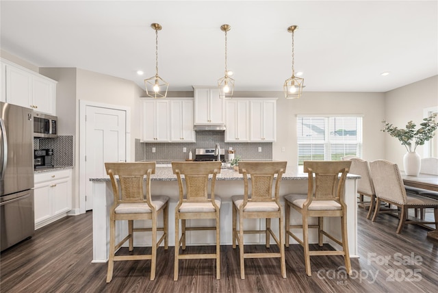 kitchen with tasteful backsplash, stainless steel appliances, dark wood-style floors, and under cabinet range hood