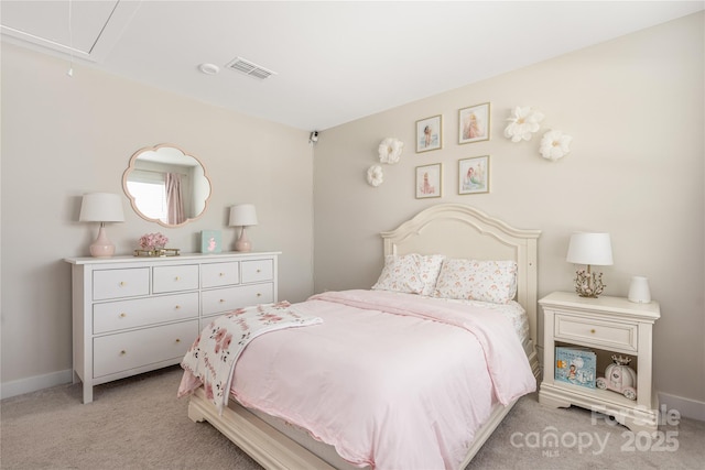 bedroom featuring baseboards, light carpet, attic access, and visible vents