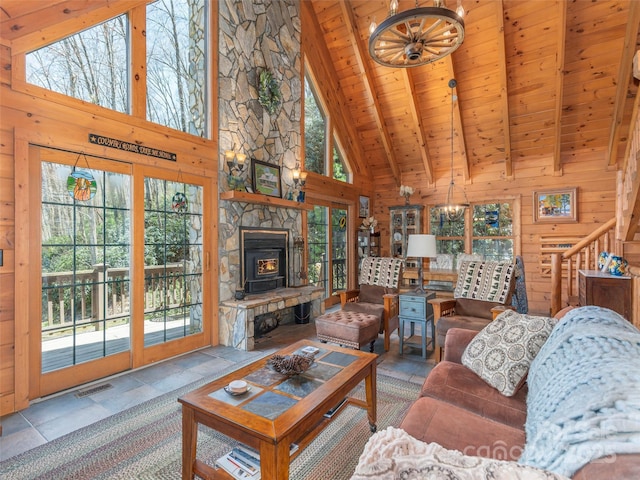90 Junco Trl, Waynesville, NC 28785 - living area with wooden ceiling, wood walls, beam ceiling, visible vents, and high vaulted ceiling