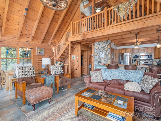 90 Junco Trl, Waynesville, NC 28785 - living room with wooden ceiling, beam ceiling, high vaulted ceiling, wooden walls, and stairs