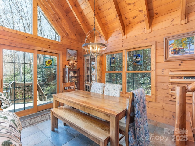 90 Junco Trl, Waynesville, NC 28785 - tiled dining space with beam ceiling, wooden walls, plenty of natural light, and wooden ceiling