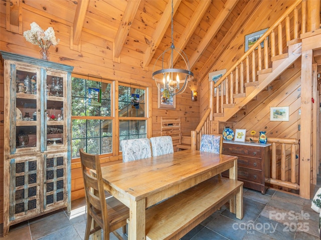 90 Junco Trl, Waynesville, NC 28785 - dining room with vaulted ceiling with beams, wood ceiling, a chandelier, stairway, and wooden walls