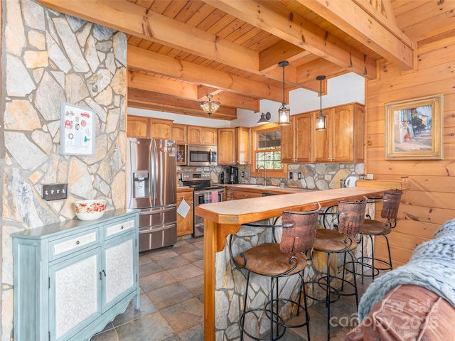 90 Junco Trl, Waynesville, NC 28785 - kitchen with a sink, stainless steel appliances, a peninsula, and wooden ceiling