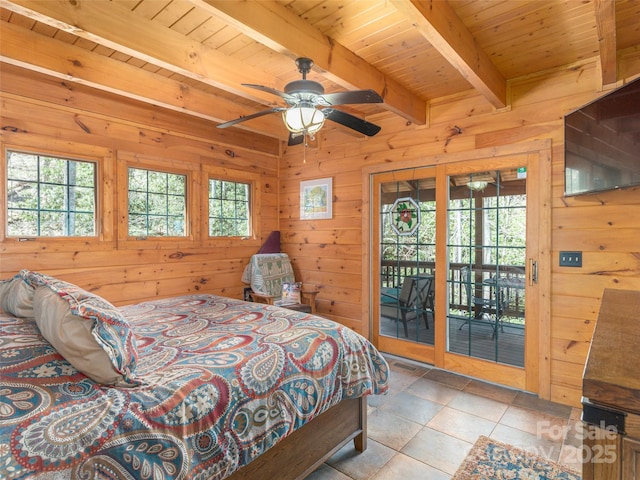 90 Junco Trl, Waynesville, NC 28785 - bedroom featuring wood ceiling, wood walls, beamed ceiling, and access to outside