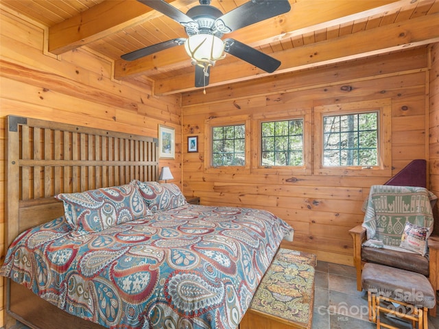 90 Junco Trl, Waynesville, NC 28785 - bedroom featuring beamed ceiling, wooden walls, multiple windows, and wood ceiling