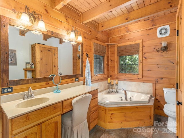 90 Junco Trl, Waynesville, NC 28785 - full bath with toilet, visible vents, wood walls, wood ceiling, and a garden tub