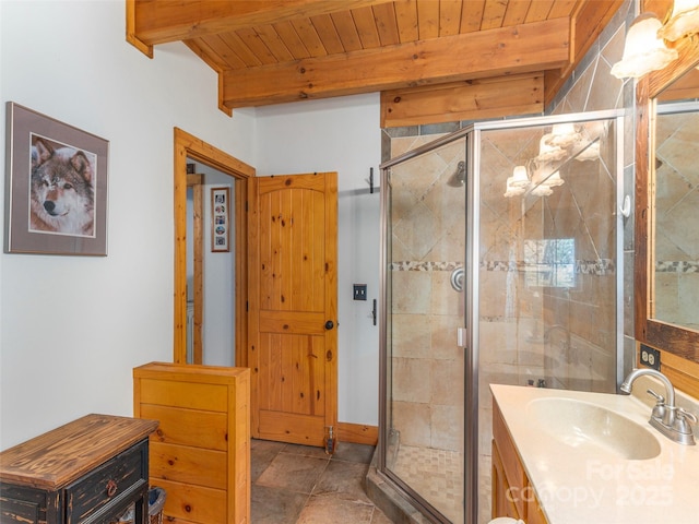 90 Junco Trl, Waynesville, NC 28785 - full bathroom featuring beam ceiling, vanity, a stall shower, and wooden ceiling