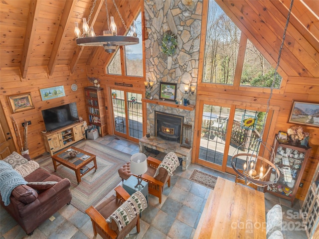 90 Junco Trl, Waynesville, NC 28785 - living area featuring wood ceiling, wooden walls, high vaulted ceiling, and beamed ceiling