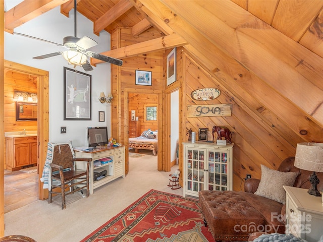 90 Junco Trl, Waynesville, NC 28785 - bedroom with wood walls, carpet, vaulted ceiling with beams, and a sink
