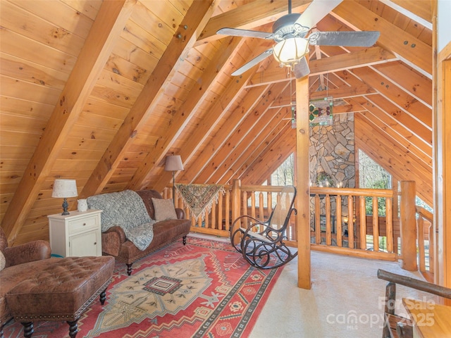 90 Junco Trl, Waynesville, NC 28785 - living area with vaulted ceiling with beams, a ceiling fan, an upstairs landing, and wood ceiling