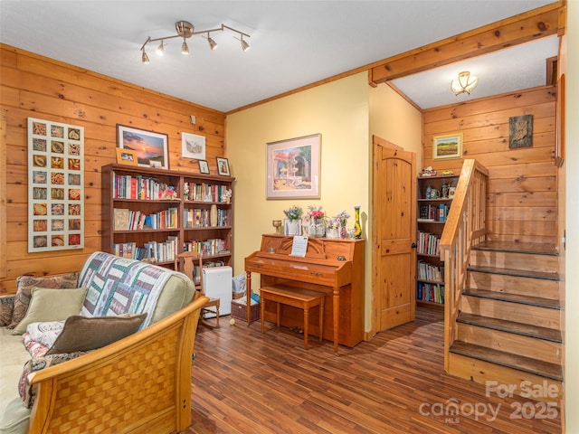 90 Junco Trl, Waynesville, NC 28785 - sitting room featuring wooden walls, stairs, ornamental molding, and wood finished floors