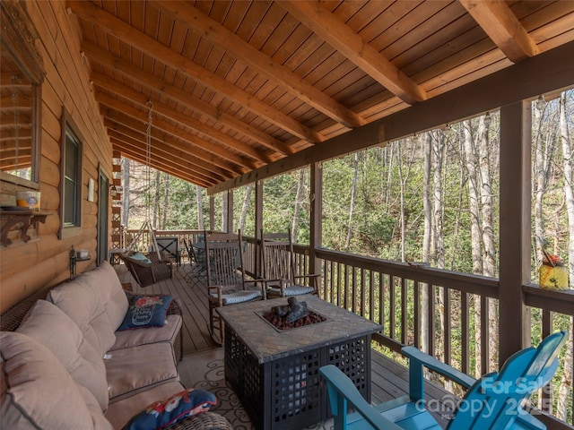 90 Junco Trl, Waynesville, NC 28785 - deck with an outdoor living space with a fire pit and a forest view